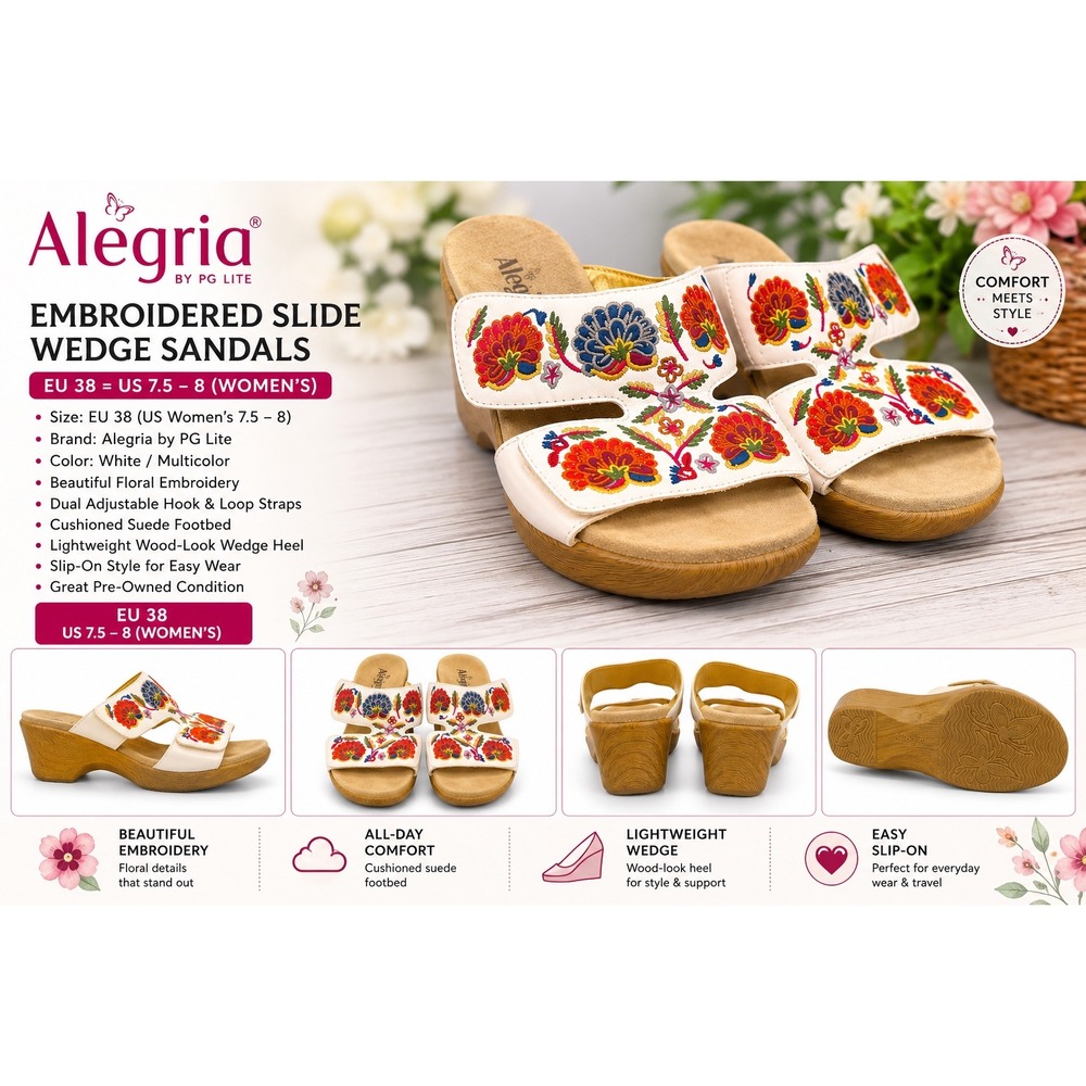 Alegria Embroidered Slide Wedge Sandals White Floral Leather boho festival 7.5